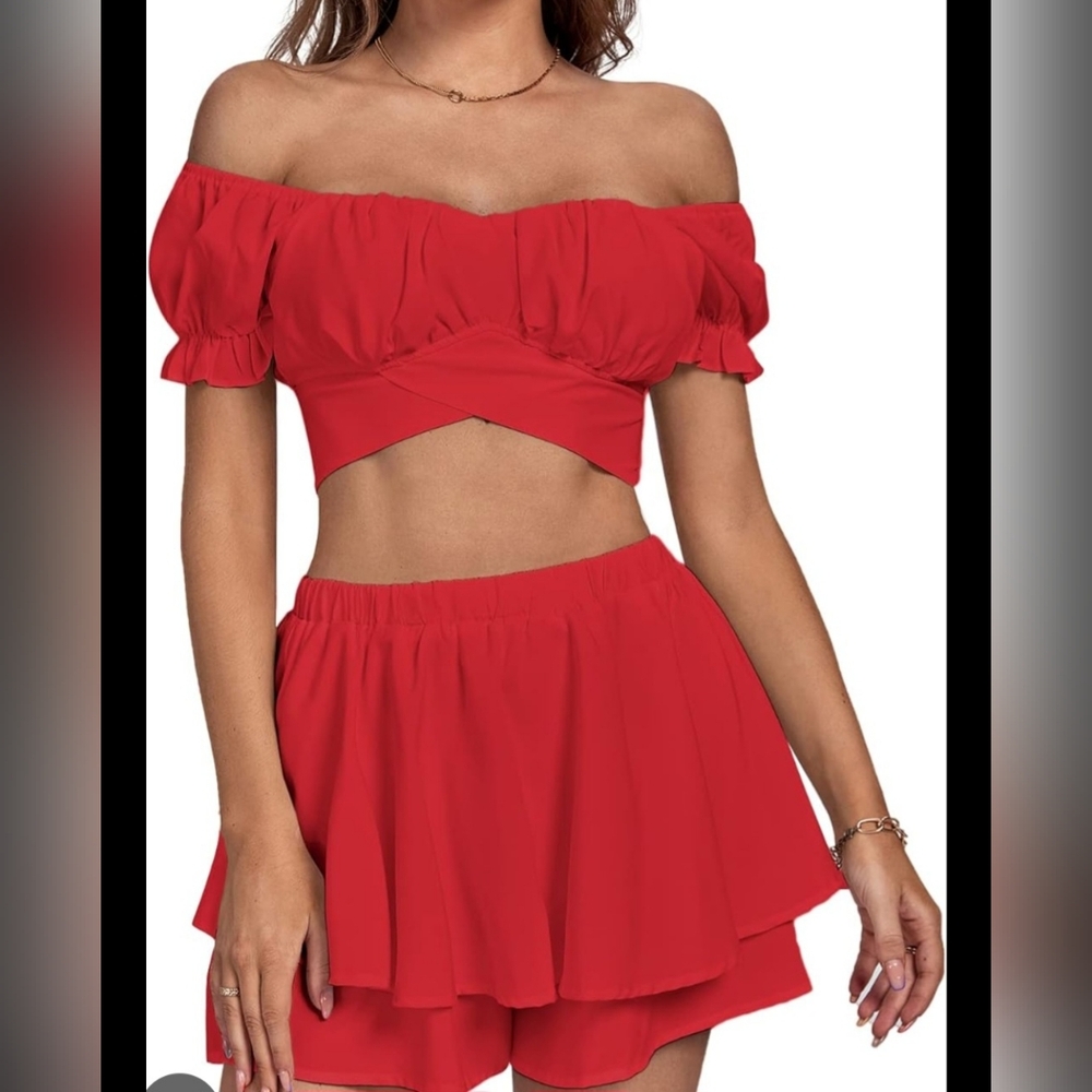 AA - Chic Red Off-Shoulder Two-Piece Set